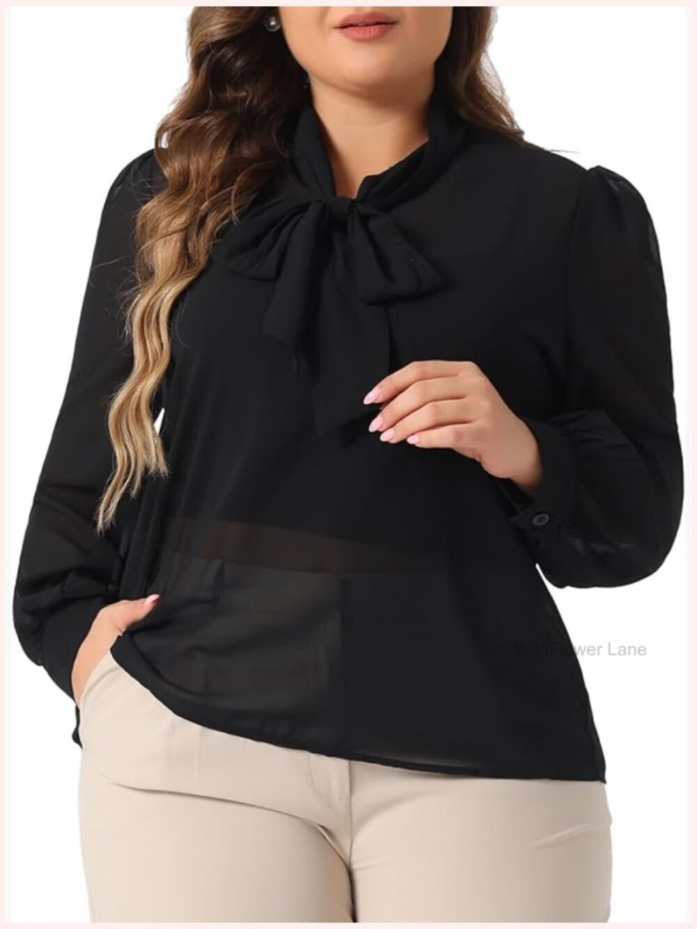 Plus Size Sheer Chiffon Blouse Bow Tie Neck Long Sleeve See Through Mesh Top
